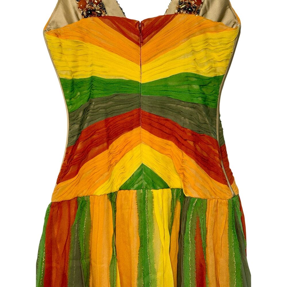 Beaded V-Neck Striped Midi Dress in Orange, Yellow & Green - Picture 8 of 15